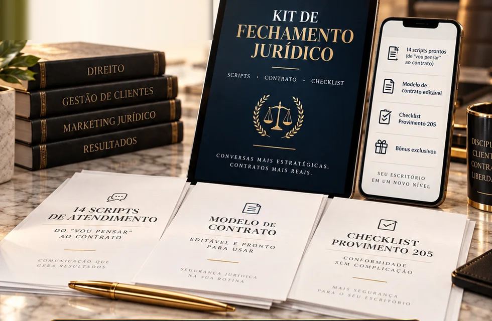 Kit de Fechamento Jurídico no tablet e no celular, com os scripts, o modelo de contrato e o checklist do Provimento 205