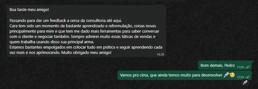 Mensagem de cliente: um momento de bastante aprendizado e reformulação, ferramentas novas para saber conversar com o cliente e negociar